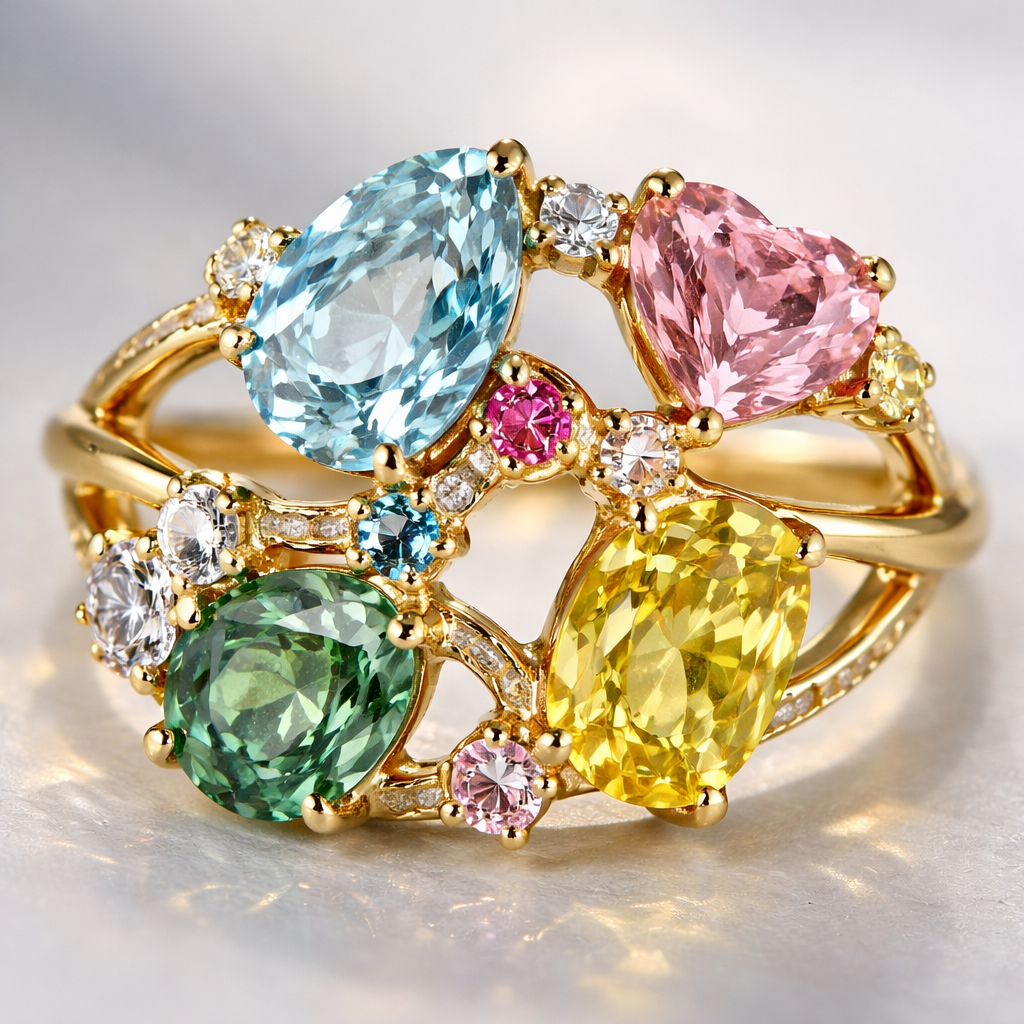 Gold ring that connects the stones. Colorful gemstones that are light blue, pink, yellow, clear, and green. different shapes
Gold ring that connects the stones. Colorful gemstones that are light blue, pink, yellow, clear, and green. different shapes , bespoke style