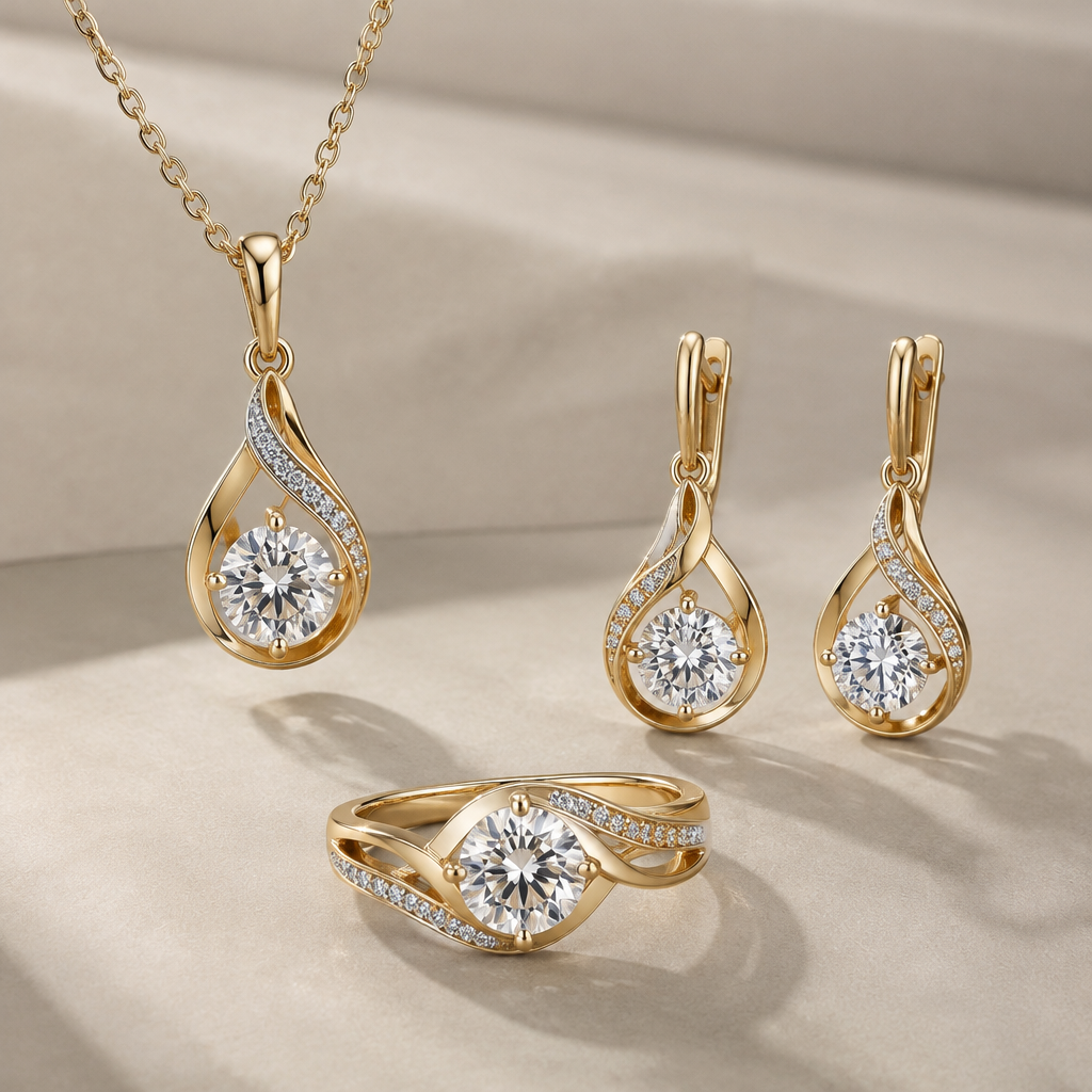 3 piece abject set
photorealistic jewelry design, 3 piece abject set, just the design no text