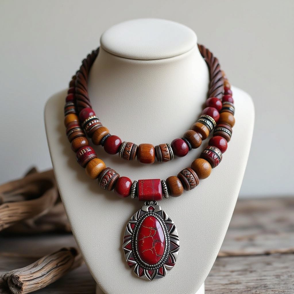 Necklace with wooden pearls and precious gems with lace