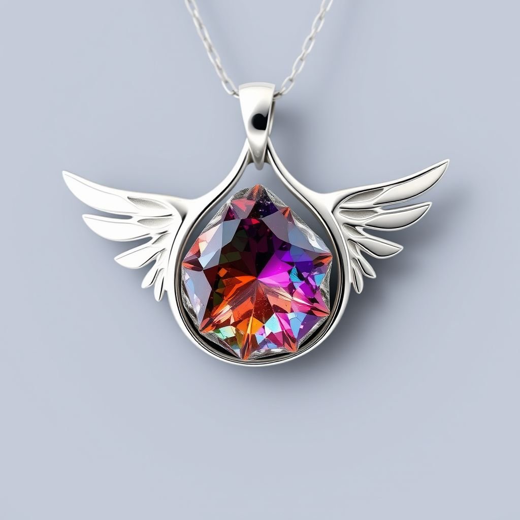 Create a pendant, use silver minimal, use raw gem stone and at top side of gem at the back there shall be one wing showing right hand side of the stone and one left hand side. Wings shall be with minimul silver used.