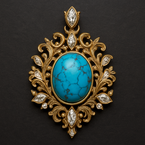 pendant , main stone oval turquise. using pear round and marquise diamond