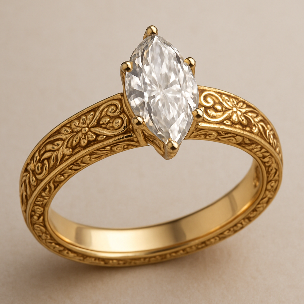 gold engagement ring with cathedral setting and 2ct marquise band. band same width all the way around with snow drops and honeysuckle mixed into vintage style 