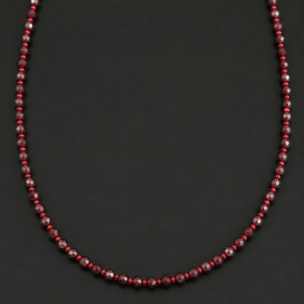 Necklace made from hand strung tiny 2-3mm faceted garnet beads. There are tiny red glass seed dead’s between each garnet bead.
photorealistic jewelry design, Necklace made from hand strung tiny 2-3mm faceted garnet beads. There are tiny red glass seed dead’s between each garnet bead. , just the design no text