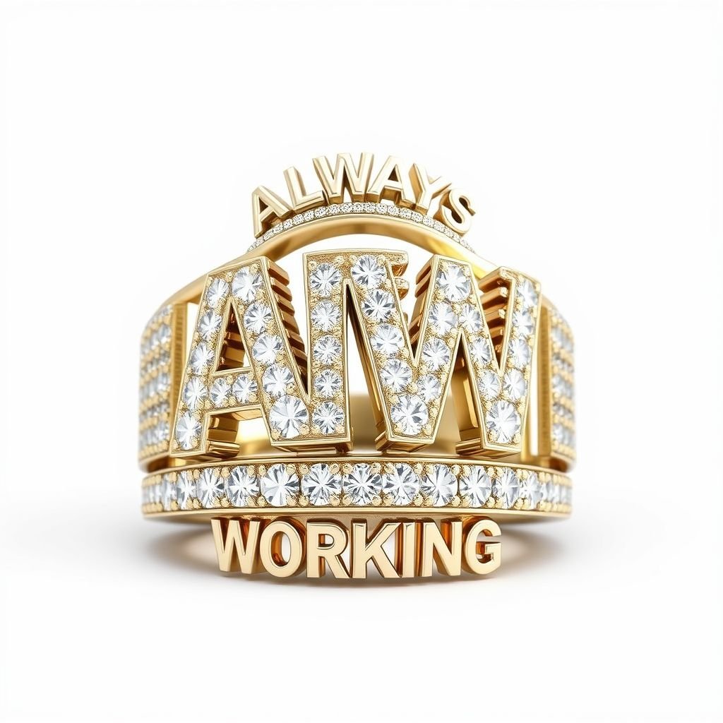 In the middle A W raised at the top of the A W in writing states ALWAYS and at the bottom WORKING and at the sides of the ring kn the left side winning and the right side always fully iced out and a very bulky ring 