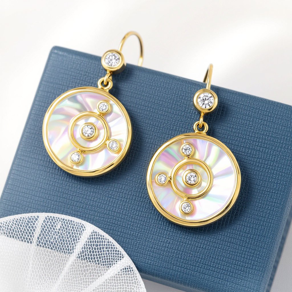 Золотые серьги в виде золотой спиральной ракушки украшенной тремя маленькими камнями 