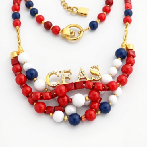 Red white and blue necklace that says CFAS
