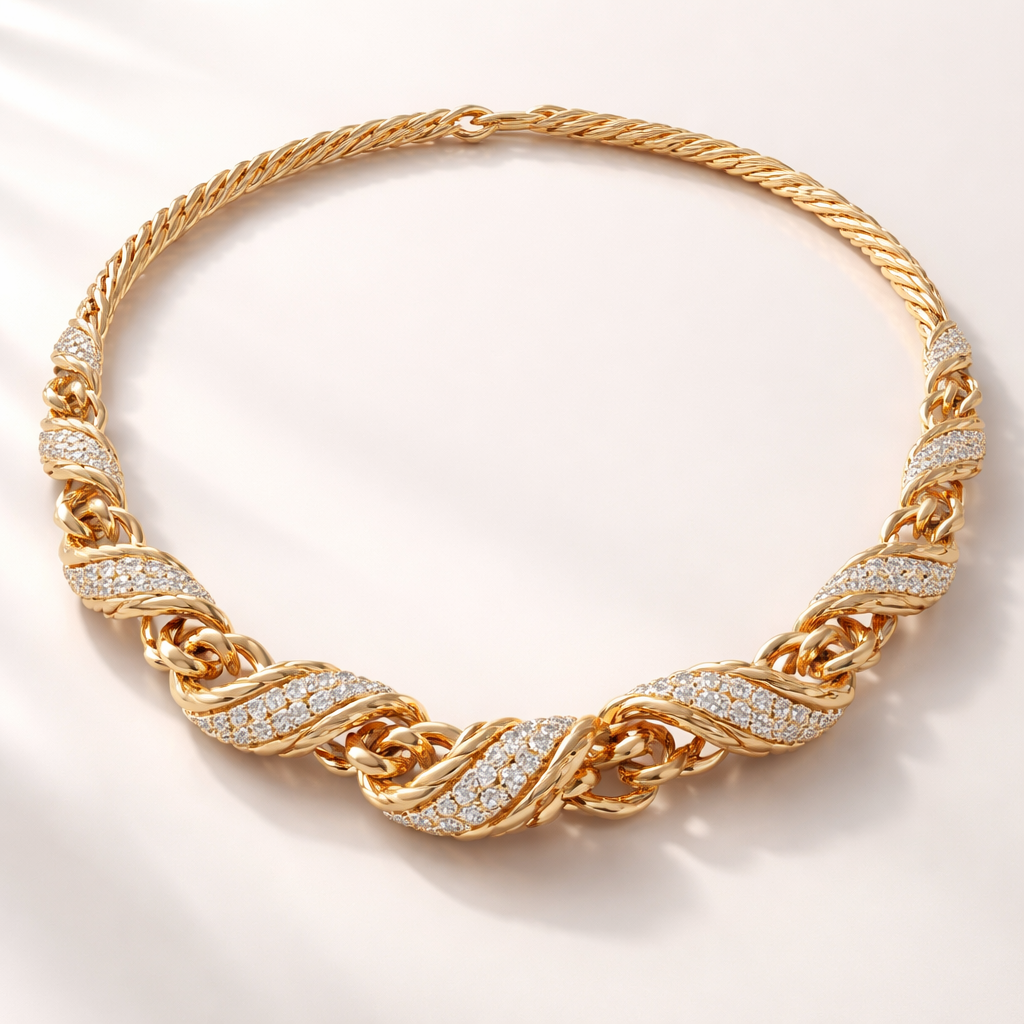 A flexible necklace which is not rigid and inspired by a twisted round wire and it has links that connected the meduim pieces with eachothe and it has diamondr