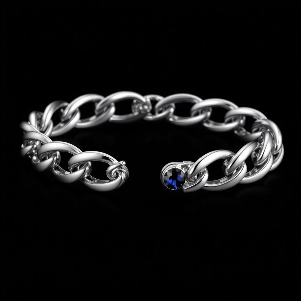 Men’s bracelet
Design an elegant men’s bracelet that embodies classic sophistication. Crafted in polished sterling silver, it features interlocking links styled in a timeless chain pattern. Adorned with subtle engraving of vintage motifs, this bracelet integrates a single, deep-blue sapphire, exuding refined masculinity while maintaining the enduring charm of classic jewelry elegance.