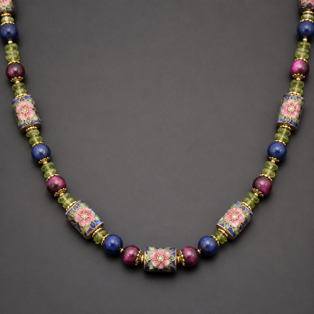 "12mm rectangular hand painted beads with pink flowers and blue vines with green and yellow spots, 8mm lapis round beads, pink tigers eye round beads
8.5 mm, 4-5mm peridot chips necklace "
photorealistic jewelry design, "12mm rectangular hand painted beads with pink flowers and blue vines with green and yellow spots, 8mm lapis round beads, pink tigers eye round beads
8.5 mm, 4-5mm peridot chips necklace ", edwardian style, just the design no text