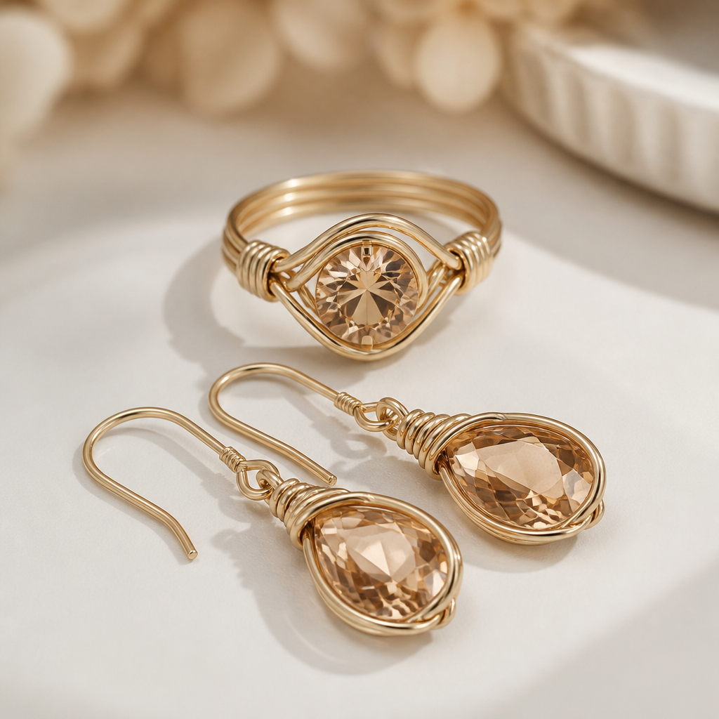 A women's ring. champagne Crystal earrings with wire wrapping design
photorealistic jewelry design, A women's ring. champagne Crystal earrings with wire wrapping design, modern style, just the design no text