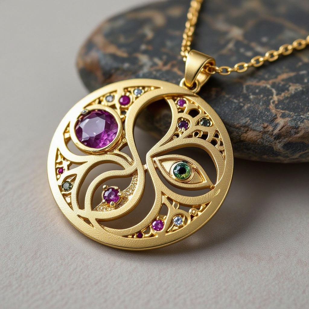 Подвеска из матового золота с узорами и мелкими необработанными камнями в форме двух пересекающихся окружностей и глаза между ними