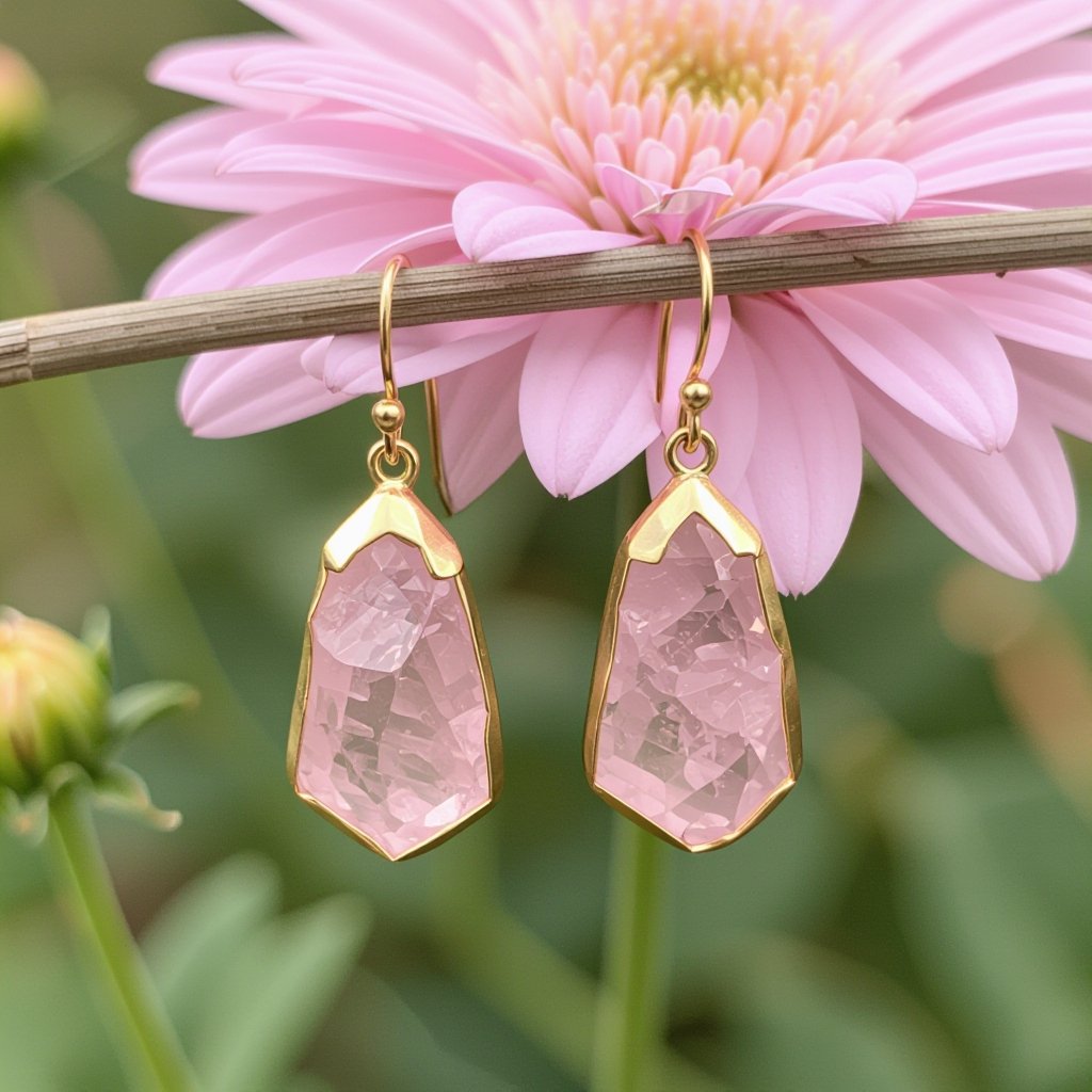 Серьги матовое золото с эффектом неровности Необработанный бледно розовый кварц в виде длинного кристалла