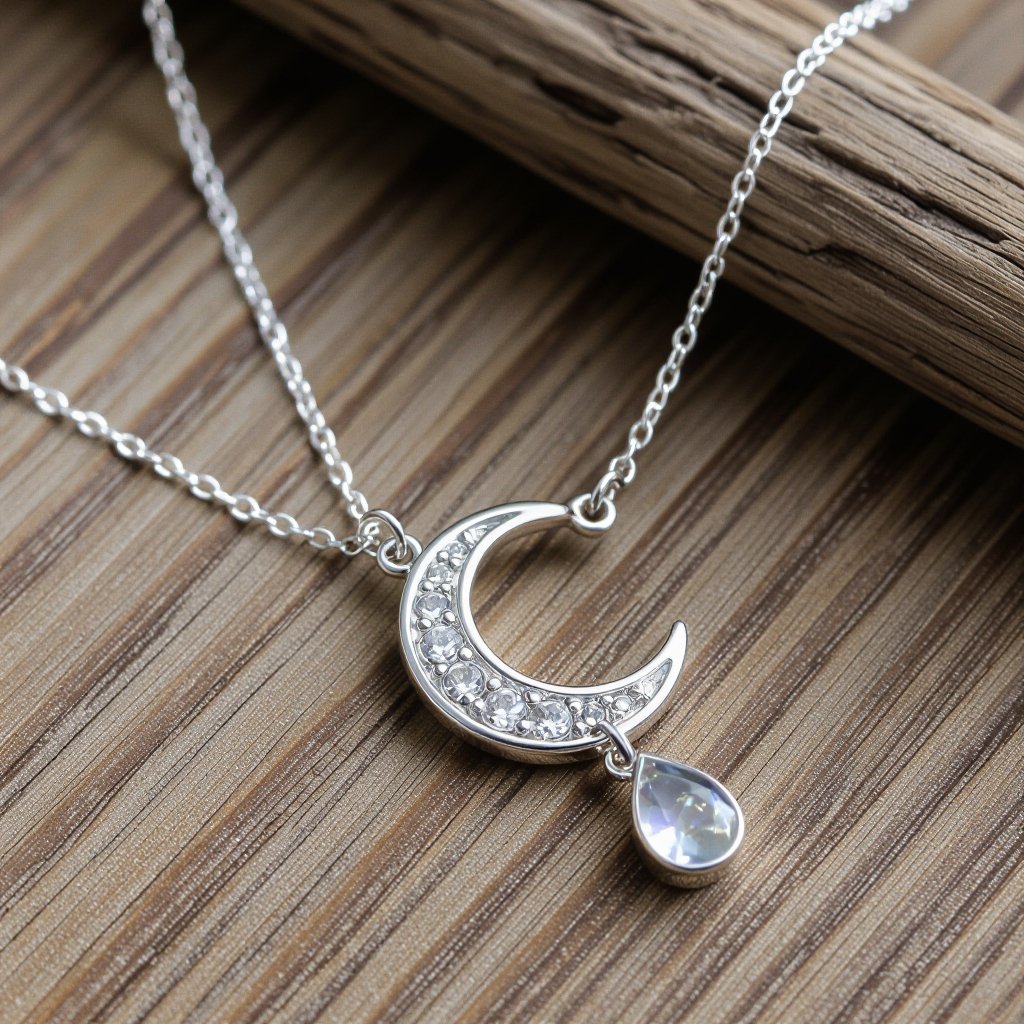 Луна полумесяцем с мелкими камушками и маленький в виде кристала лунный камень подвеска