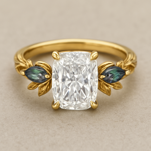 2 carat elongated cushion cut diamond engagement ring with double claw prongs in yellow gold ring with marquise shaped alexandrite side stones 