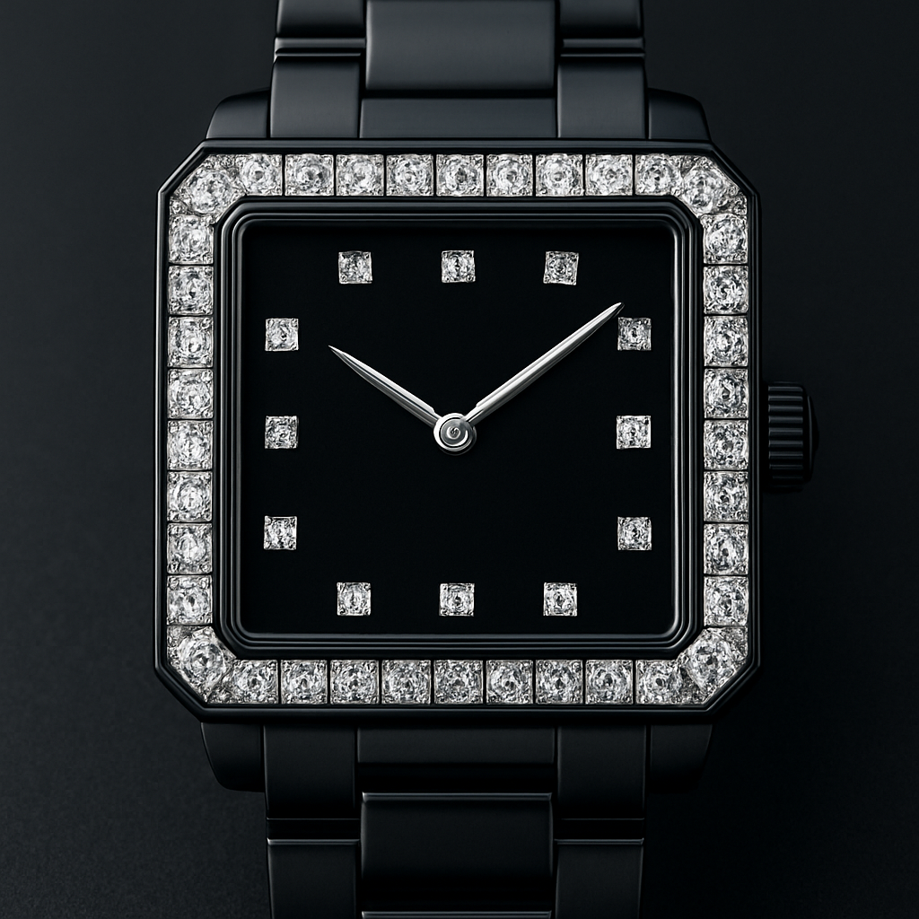 Uhr eckig in schwarz mit weißen Diamanten eckig luxeriös