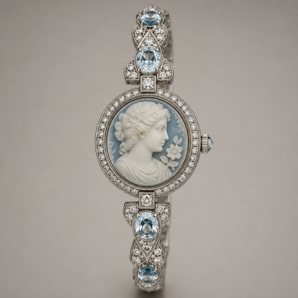A cameo women's watch with diamond and topaz stones suitable for engagement
photorealistic jewelry design, A cameo women's watch with diamond and topaz stones suitable for engagement, cameo style, just the design no text