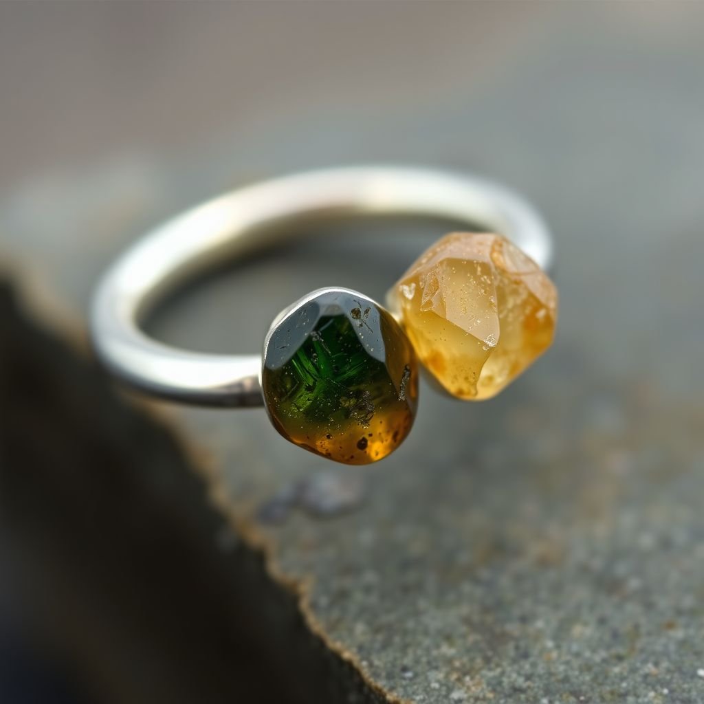 Craft a minimalist silver adjustable ring that delicately embraces the finger. Feature two striking raw natural gemstones—allowing their organic textures and colors to stand out. The design exudes earthy elegance, merging modern style with raw, untamed nature.