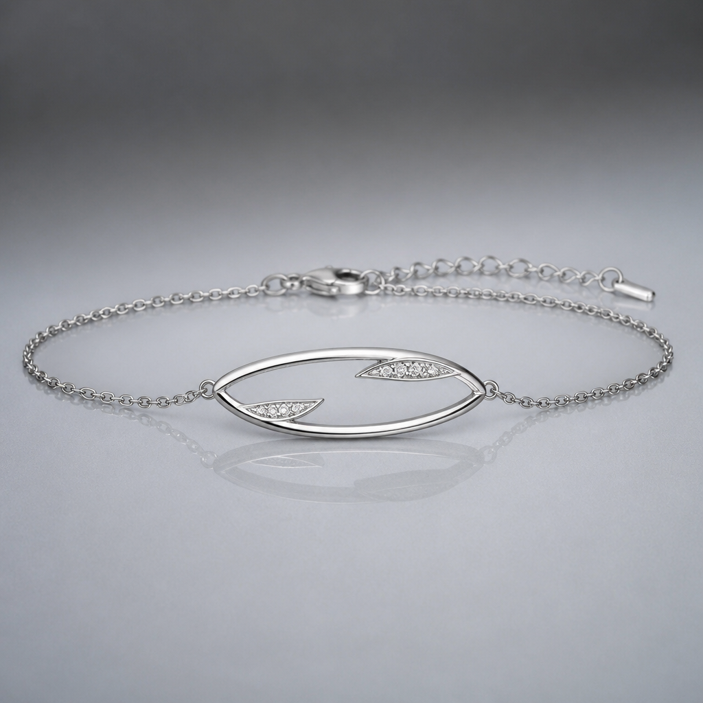 A women's bracelet made of silver with diamond stones. bracelet avec design oval couché peut inclure marquise de metal fin avec chaine minimaliste, jaime les espaces vide
photorealistic jewelry design, A women's bracelet made of silver with diamond stones. bracelet avec design oval couché peut inclure marquise de metal fin avec chaine minimaliste, jaime les espaces vide, modern style, just the design no text