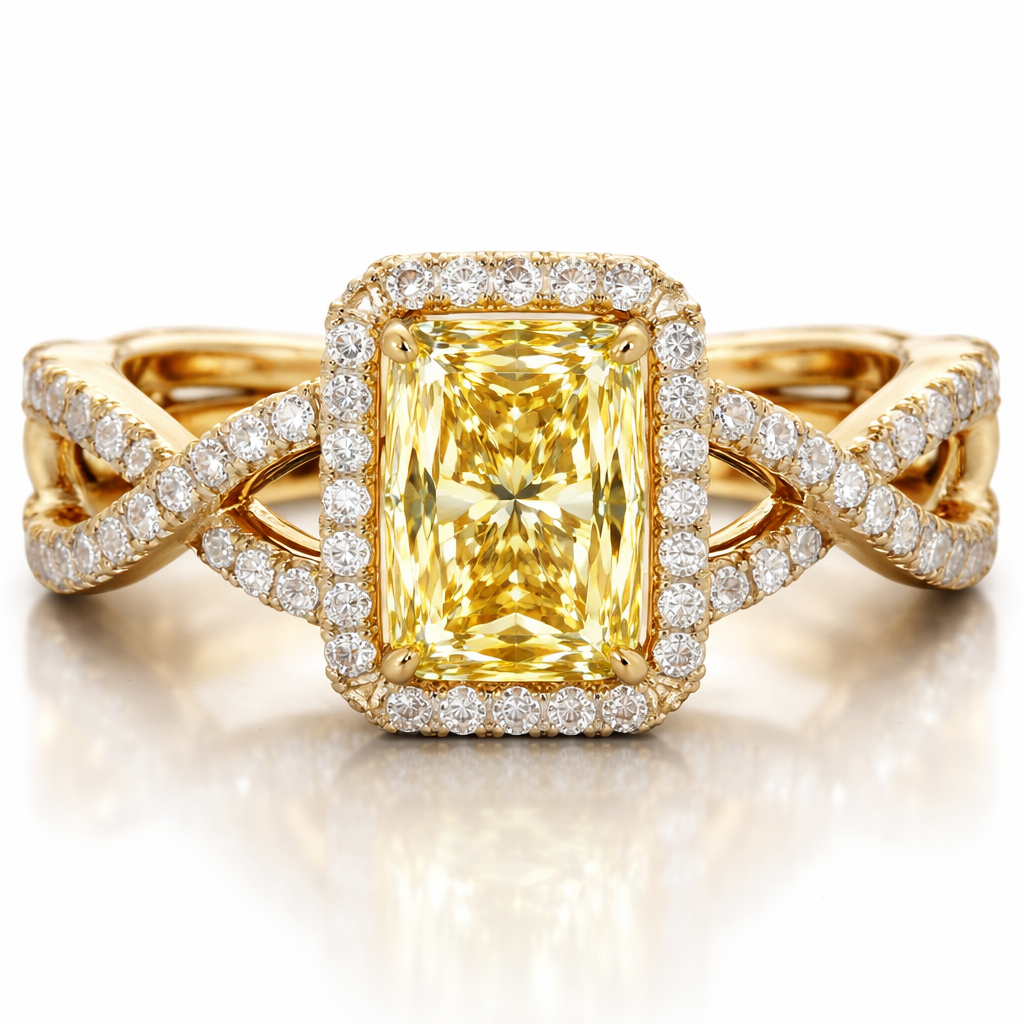 Fancy yellow radiant diamond, rectangle shaped diamond, unique pretzel band shape