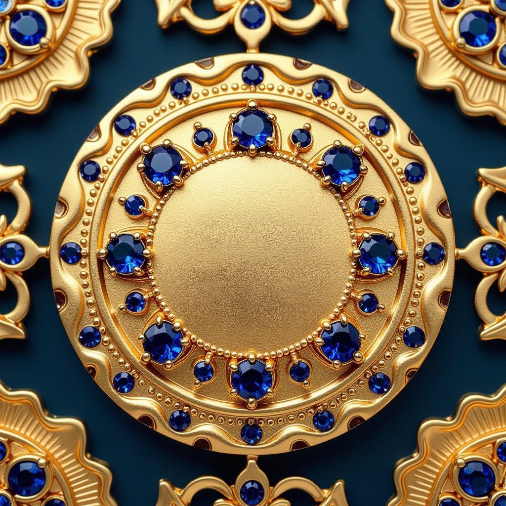 Золотой матовый медальон в форме неровного круга с неровными краями. По краям выпуклые точки сплошной линией. На круге разные волнистые узоры словно волны. Три миниатюрных голубых камушка хаотично расположены в круге