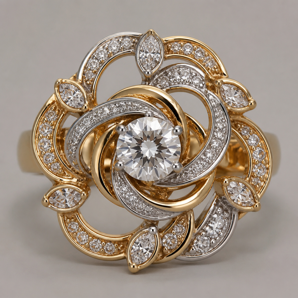 A statement women's ring made of mixed metal with diamond stones suitable for festival. An extraordinary excellent beautiful delicate and elegant solitaire women ring. Face of the ring.
photorealistic jewelry design, A statement women's ring made of mixed metal with diamond stones suitable for festival. An extraordinary excellent beautiful delicate and elegant solitaire women ring. Face of the ring., statement style, just the design no text