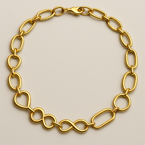 Gold chain necklace, the links are to be ovals, hearts, infinity, circles, elongated straight edge circles. Gold 