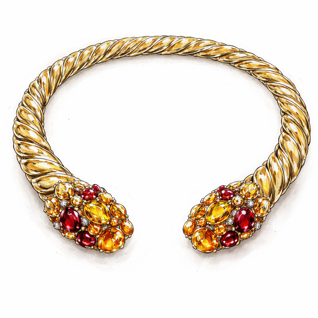 Alright, let’s break it down! First, start by sketching a thick, twisted rope shape—just like a continuous curve with that bendable flow. Next, at each open end, outline slightly larger, tapered sections where the gemstones will sit. Add clusters of citrines and garnets at the ends—think warm reds and oranges. Finally, along the rope’s twists, indicate where you’ll plant diamonds—tiny sparkles following the rope’s spiral. Once you’ve got that on paper, you can have it digitally rendered or refined by a pro jeweler!