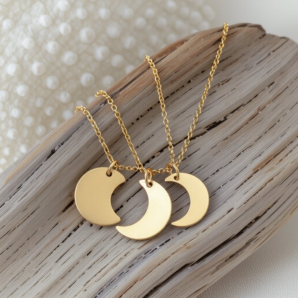 Подвеска из трех полумесяцев из матового неровного светлого золота соединенных цепочкой сверху самый широкий полукруг дальше средний и снизу самый маленький