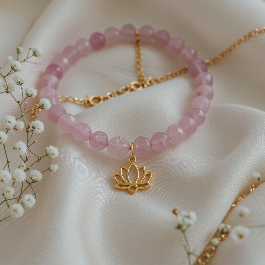 Чокер из натурального мелкого необработанного розового кварца неровной формы бусины с золотой маленькой подвеской в форме лотоса
