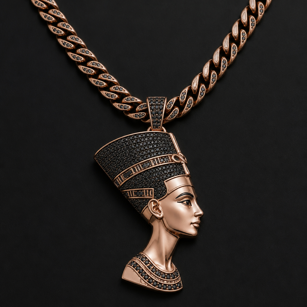Rose gold and black Diamond Nefertiti chain
photorealistic jewelry design, Rose gold and black Diamond Nefertiti chain
, just the design no text