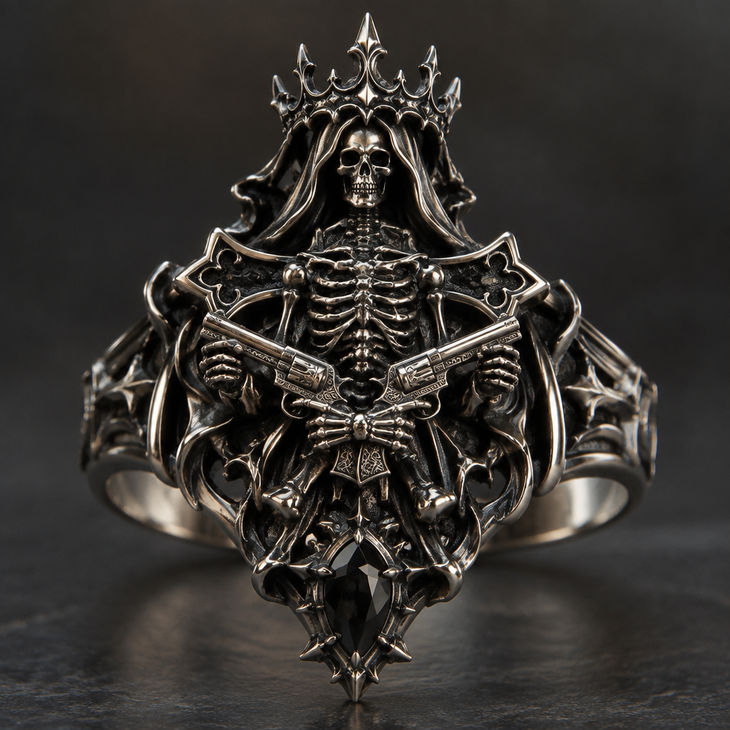 A gothic women's ring suitable for formal. a skeleton on a cross with a reaper crown and pistols crossing
photorealistic jewelry design, A gothic women's ring suitable for formal. a skeleton on a cross with a reaper crown and pistols crossing, gothic style, just the design no text