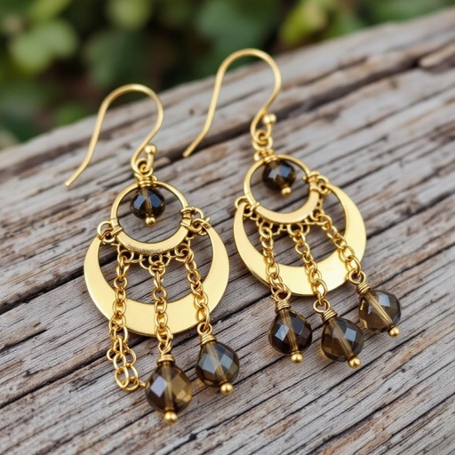 Золотые серьги полумесяц вертикальный 2 см, сверху крепится к швензе. От полумесяца идет три цепочки золотого цвета, у каждой на конце камушек раухтопаз