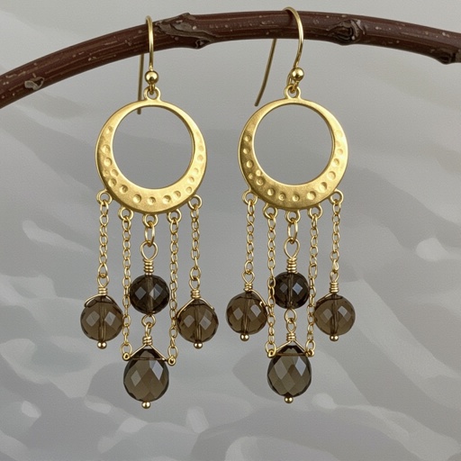 Золотые серьги полумесяц вертикальный 2 см, сверху крепится к швензе. От полумесяца идет три цепочки золотого цвета, у каждой на конце камушек раухтопаз