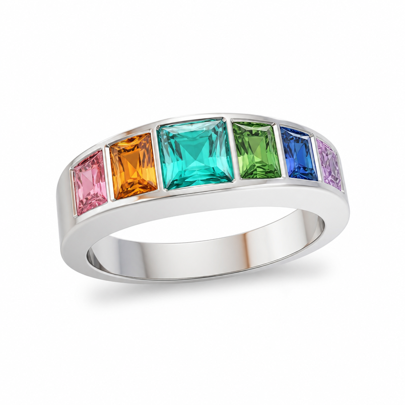 A minimalist women's ring made of white gold suitable for wedding. different 6 colour gemstones with radiant cut (10x10mm) paraiba in middle. need to be men ring so slightly thicker widths
using the attached image as a visual reference, create A minimalist women's ring made of white gold suitable for wedding. different 6 colour gemstones with radiant cut (10x10mm) paraiba in middle. need to be men ring so slightly thicker widths. photorealistic, just the design no text