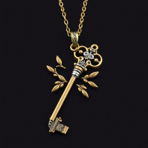 Old skeleton key shape gold and silver tones with olive branch turning on leg and keffieh print on the tip