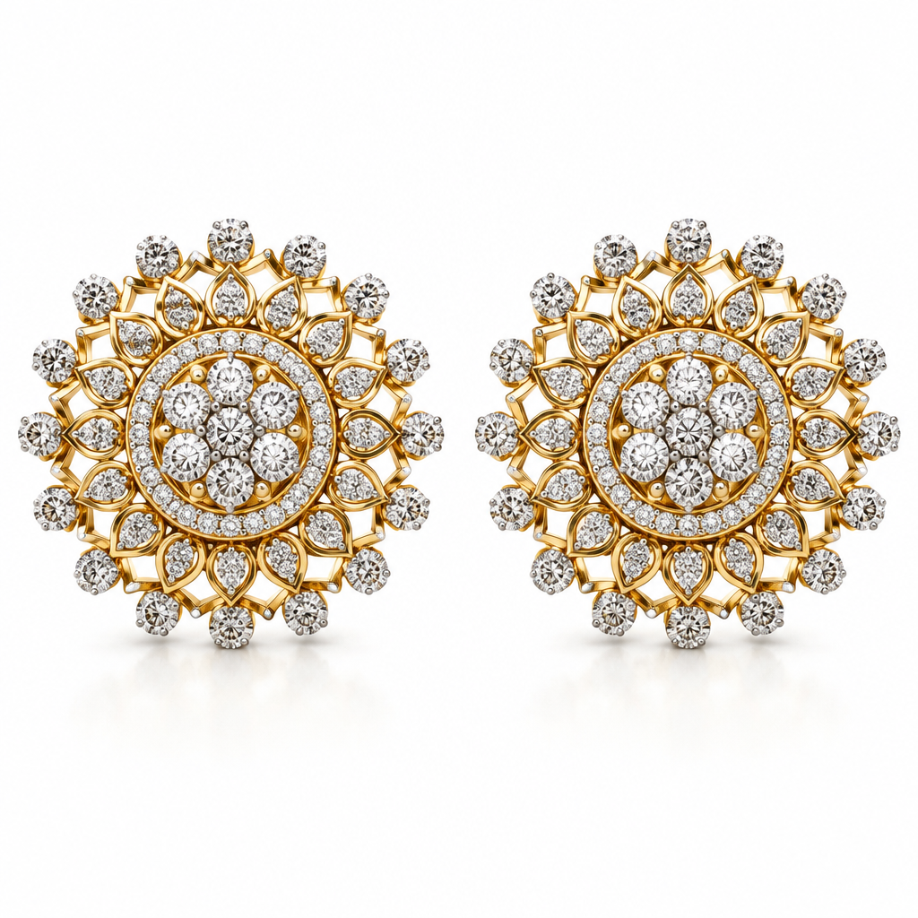 Create a pair of elegant, round floral diamond earrings with a rich two-tone gold finish. I want the earrings to feel luxurious and detailed, but still refined and wearable.
The main shape should be a perfectly round floral mandala. Start with a large round cluster of brilliant diamonds in the center, almost like a small diamond flower. Around it, build several concentric layers of delicate white diamonds and warm yellow-gold detailing.
The outer edge should have a beautiful sunburst/flower effect, with small round diamonds set individually around the perimeter. Each outer diamond should have a fine white-gold or silver-toned setting, while the connecting framework and floral structure should be in polished yellow gold.
Keep the design symmetrical and balanced, with delicate openwork between the layers so that the earrings don't look too heavy. The inner rings should gradually transition from the central diamond cluster into smaller round diamonds, creating a natural flow from the center toward the edges.
I want the overall feeling to be premium Indian fine jewellery — elegant, feminine, intricate and sophisticated, with a handcrafted appearance rather than something overly mechanical.
Use realistic brilliant-cut diamonds with natural sparkle, highly polished 18K yellow gold, subtle white-gold detailing, clean stone setting and fine jewellery craftsmanship. Show the pair facing straight toward the camera, perfectly matched and symmetrical, isolated on a clean white background with soft luxury jewellery studio lighting. Make it look like a high-end jewellery catalogue photograph.
photorealistic jewelry design, Create a pair of elegant, round floral diamond earrings with a rich two-tone gold finish. I want the earrings to feel luxurious and detailed, but still refined and wearable.
The main shape should be a perfectly round floral mandala. Start with a large round cluster of brilliant diamonds in the center, almost like a small diamond flower. Around it, build several concentric layers of delicate white diamonds and warm yellow-gold detailing.
The outer edge should have a beautiful sunburst/flower effect, with small round diamonds set individually around the perimeter. Each outer diamond should have a fine white-gold or silver-toned setting, while the connecting framework and floral structure should be in polished yellow gold.
Keep the design symmetrical and balanced, with delicate openwork between the layers so that the earrings don't look too heavy. The inner rings should gradually transition from the central diamond cluster into smaller round diamonds, creating a natural flow from the center toward the edges.
I want the overall feeling to be premium Indian fine jewellery — elegant, feminine, intricate and sophisticated, with a handcrafted appearance rather than something overly mechanical.
Use realistic brilliant-cut diamonds with natural sparkle, highly polished 18K yellow gold, subtle white-gold detailing, clean stone setting and fine jewellery craftsmanship. Show the pair facing straight toward the camera, perfectly matched and symmetrical, isolated on a clean white background with soft luxury jewellery studio lighting. Make it look like a high-end jewellery catalogue photograph., just the design no text