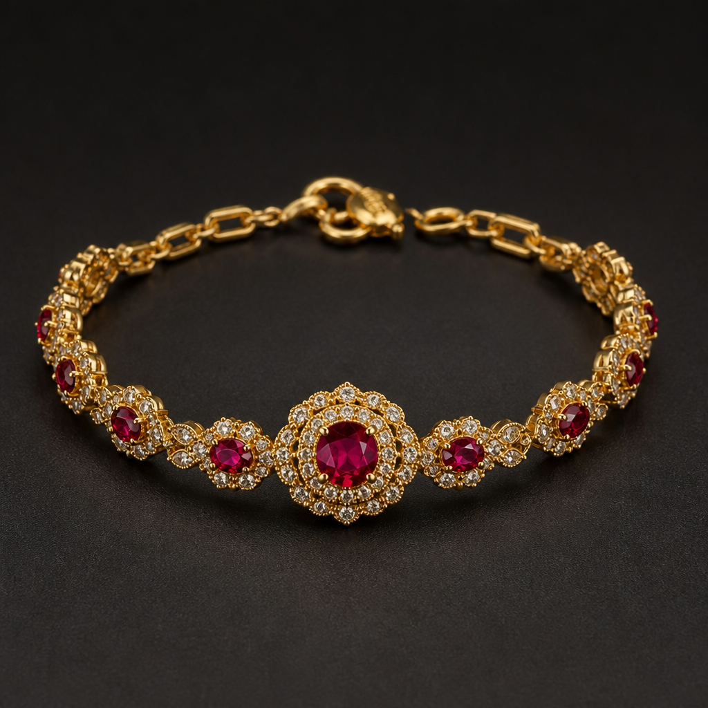 A halo women's bracelet made of gold with ruby stones suitable for formal, highly ornate, intricate and elaborate, richly detailed. delicado y sencillo
photorealistic jewelry design, A halo women's bracelet made of gold with ruby stones suitable for formal, highly ornate, intricate and elaborate, richly detailed. delicado y sencillo, halo style, just the design no text