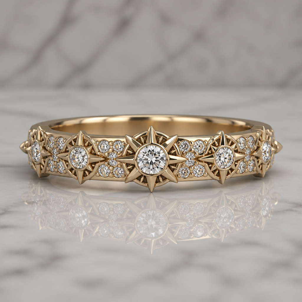 Design a extremely masculine uniform three suns sunburst points wedding band in 14 karat gold
Center stone 0.50 carat diamond
Two side stones 0.25 carat diamonds
12 0.1 carat diamonds
12 0.05 carat diamonds
Keep the design uniform
photorealistic jewelry design, Design a extremely masculine uniform three suns sunburst points wedding band in 14 karat gold
Center stone 0.50 carat diamond
Two side stones 0.25 carat diamonds
12 0.1 carat diamonds
12 0.05 carat diamonds
Keep the design uniform, stackable style, just the design no text