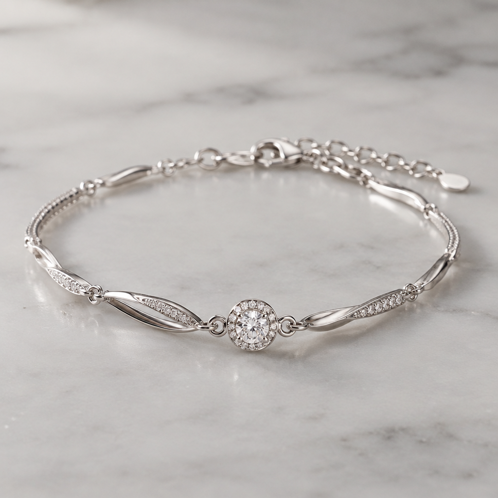 A modern women's bracelet made of white gold with diamond stones suitable for daily wear
photorealistic jewelry design, A modern women's bracelet made of white gold with diamond stones suitable for daily wear, modern style, just the design no text