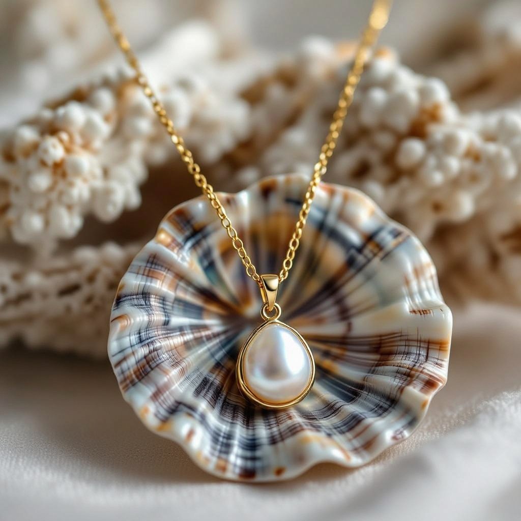Украшение на шею золотая цепочка с подвеской в виде ракушки с жемчугом внутри