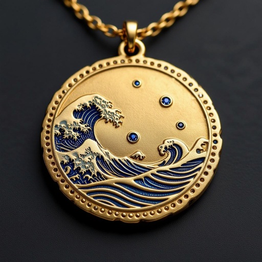 Золотой матовый медальон в форме неровного круга с неровными краями. По краям выпуклые точки сплошной линией. На круге разные волнистые узоры словно волны. Три миниатюрных голубых камушка хаотично расположены в круге