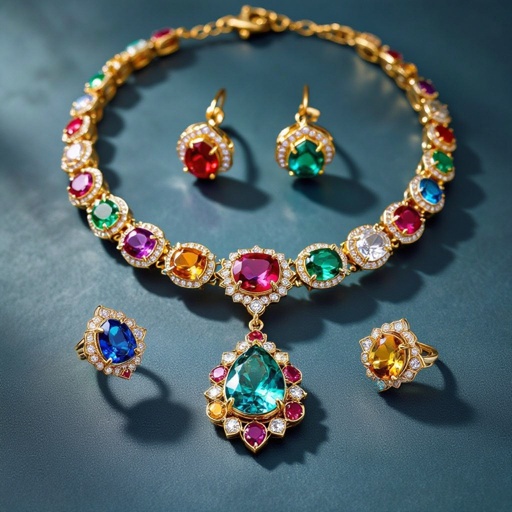 Necklace and ring and earring with colorful jewel with gold