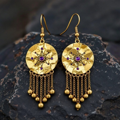 Серьги длинные на цепочках матовое золото мятое. Символ схематично созвездие. Маленькие фиолетовые камушки