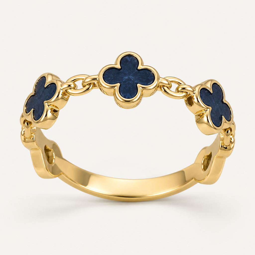 A women's ring made of gold. chaîne en avec des fleurs à quatre feuilles bleues marine
photorealistic jewelry design, A women's ring made of gold. chaîne en avec des fleurs à quatre feuilles bleues marine, modern style, just the design no text