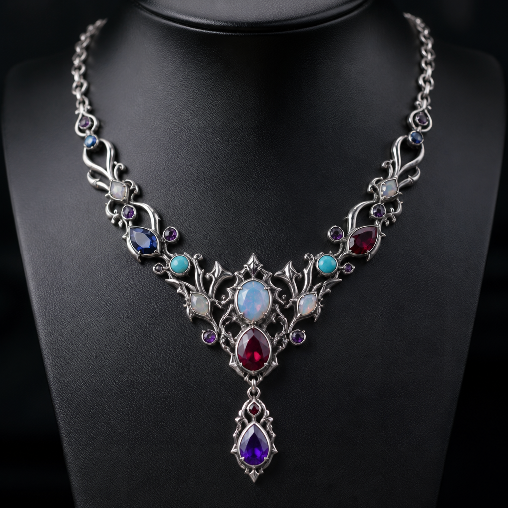 A gothic women's necklace made of platinum with ruby and sapphire and amethyst and opal and turquoise stones suitable for daily wear