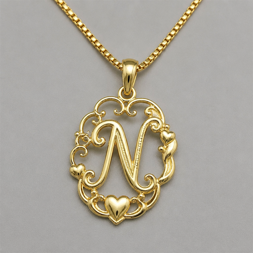 A romantic women's pendant made of gold, detailed and decorative, moderately ornate. dije de 3 gramos con inicial N
using the attached image as a visual reference, create A romantic women's pendant made of gold, detailed and decorative, moderately ornate. dije de 3 gramos con inicial N. photorealistic, just the design no text