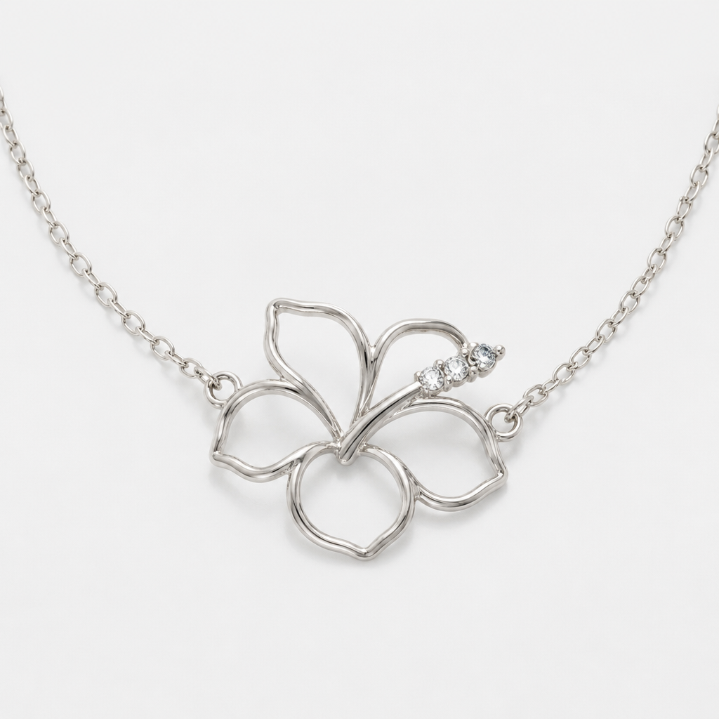 A women's necklace made of silver. hibicus vu de coté ligne fine et delicat ,3 tres petit diamand dans le milieu au bout de la tige interieur de la fleur vide, plus detail, 5 petales chaine de chaque coté, exotique , tige qui ne depasse la fleur
photorealistic jewelry design, A women's necklace made of silver. hibicus vu de coté ligne fine et delicat ,3 tres petit diamand dans le milieu au bout de la tige interieur de la fleur vide, plus detail, 5 petales chaine de chaque coté, exotique , tige qui ne depasse la fleur, modern style, just the design no text