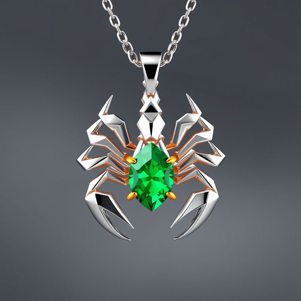 Geomatric scorpion pendant gold accents for contrast. Incorporate a single, oval-cut gemstone-perhaps a striking emerald-set at an unconventional angle, creating a bold focal point that exudes contemporary elegance and sophistication.