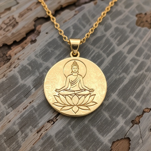 Золотой кулон в виде неровного круга в круге выгравирована женщина с длинными волосами в позе лотоса