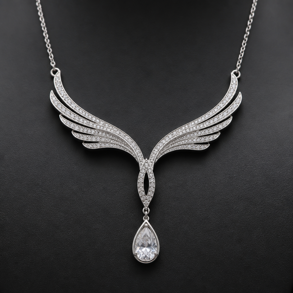 A women's necklace. this is necklace with sight wigs
photorealistic jewelry design, A women's necklace. this is necklace with sight wigs, modern style, just the design no text